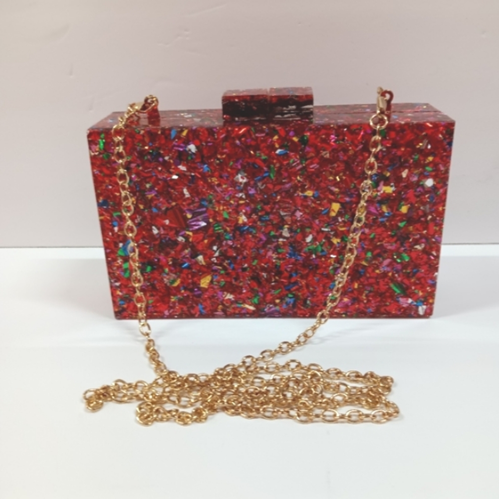 Multicolor Red Confetti Acrylic Box Clutch Evening Crossbody